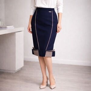 Tailored Navy Blue Pencil Skirt with Taupe Trim Sculptural Hem Details Size S